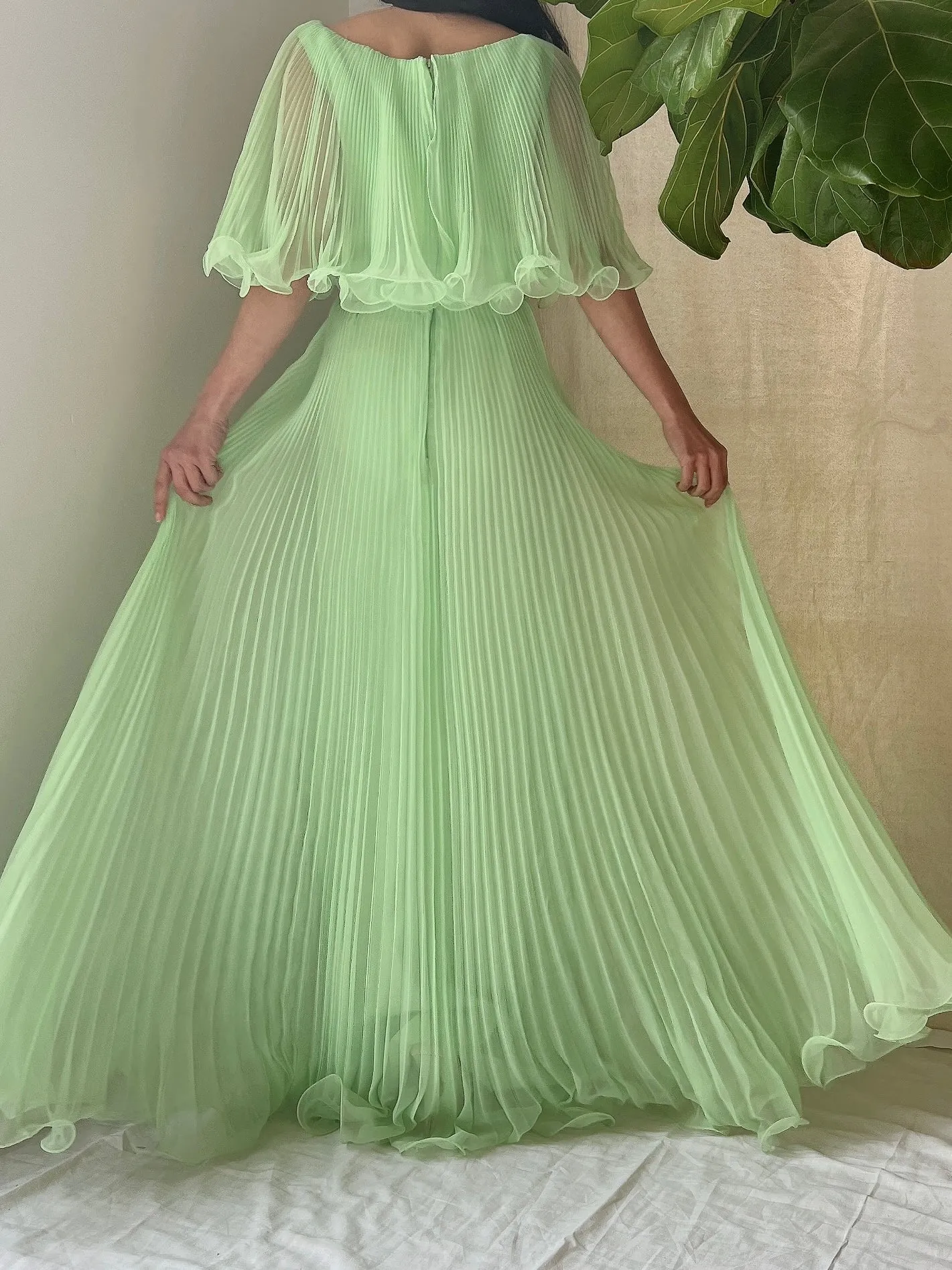 1960s Seafoam Pleated Chiffon Dress - S