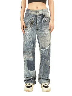 1984 Street Hip-Hop Deconstructed Print Jeans