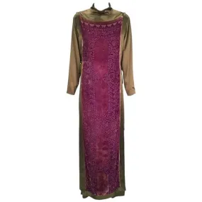 1990s Sylvia Heisel Olive Green Kaftan w/ Purple Silk Burnout Overdress