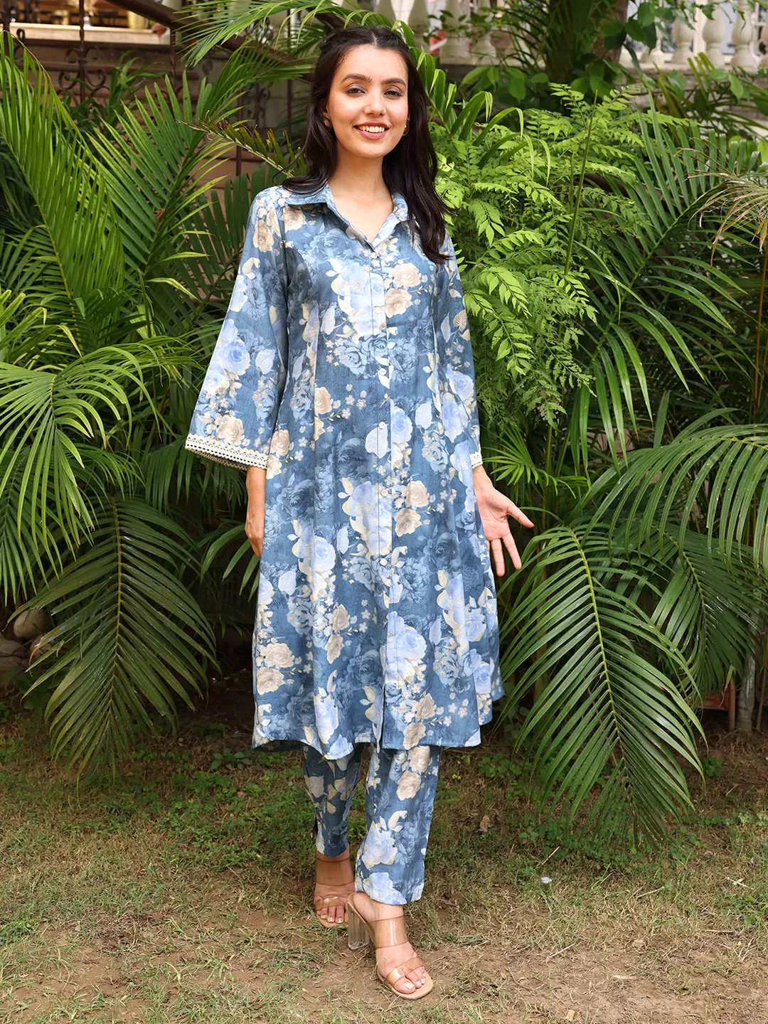 Abstract Floral Foil Printed A-Line Paneled Kurta with Pant - Blue