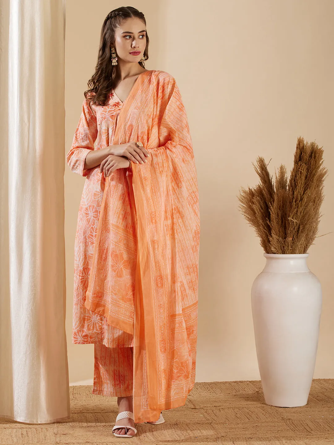 Abstract Floral Printed A-Line Paneled Kurta with Pant & Dupatta - Peach