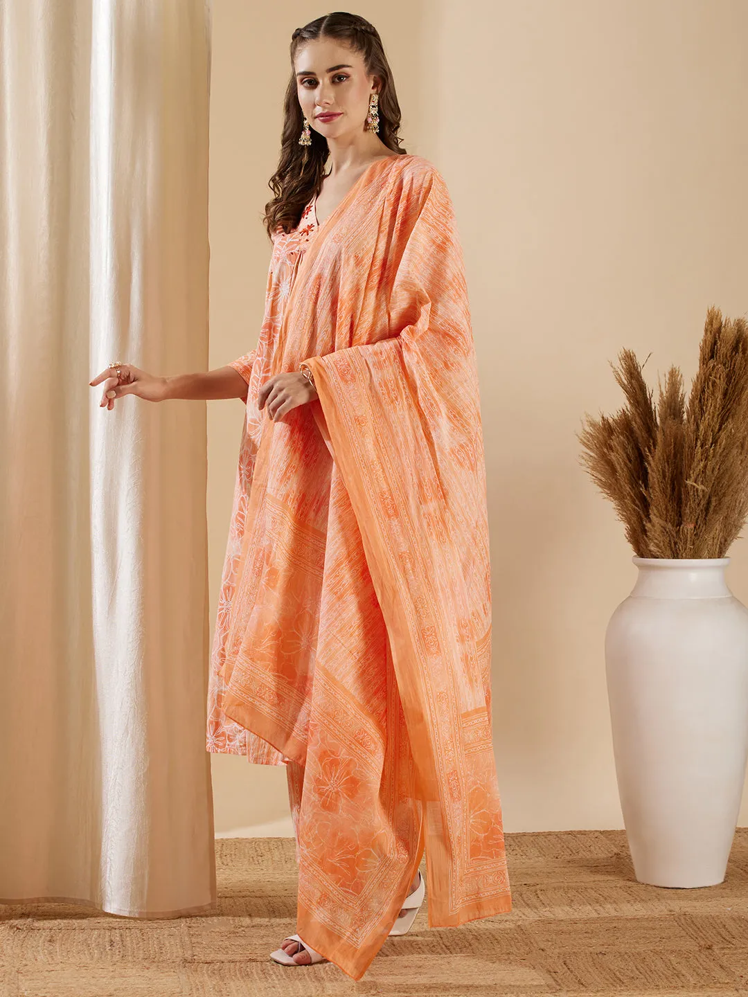 Abstract Floral Printed A-Line Paneled Kurta with Pant & Dupatta - Peach