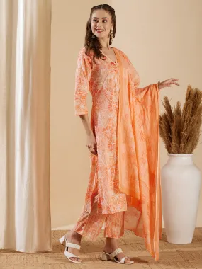 Abstract Floral Printed A-Line Paneled Kurta with Pant & Dupatta - Peach