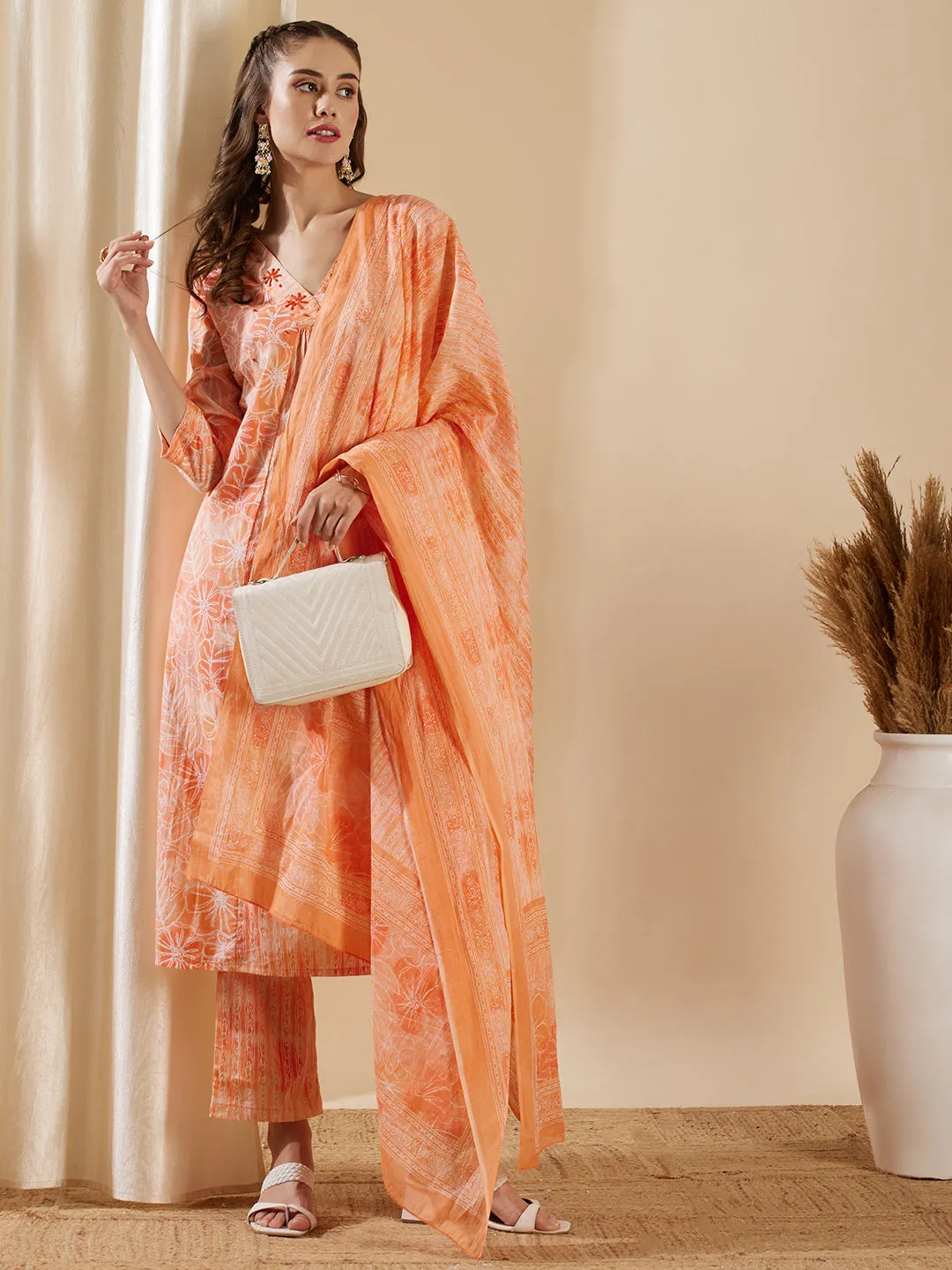 Abstract Floral Printed A-Line Paneled Kurta with Pant & Dupatta - Peach