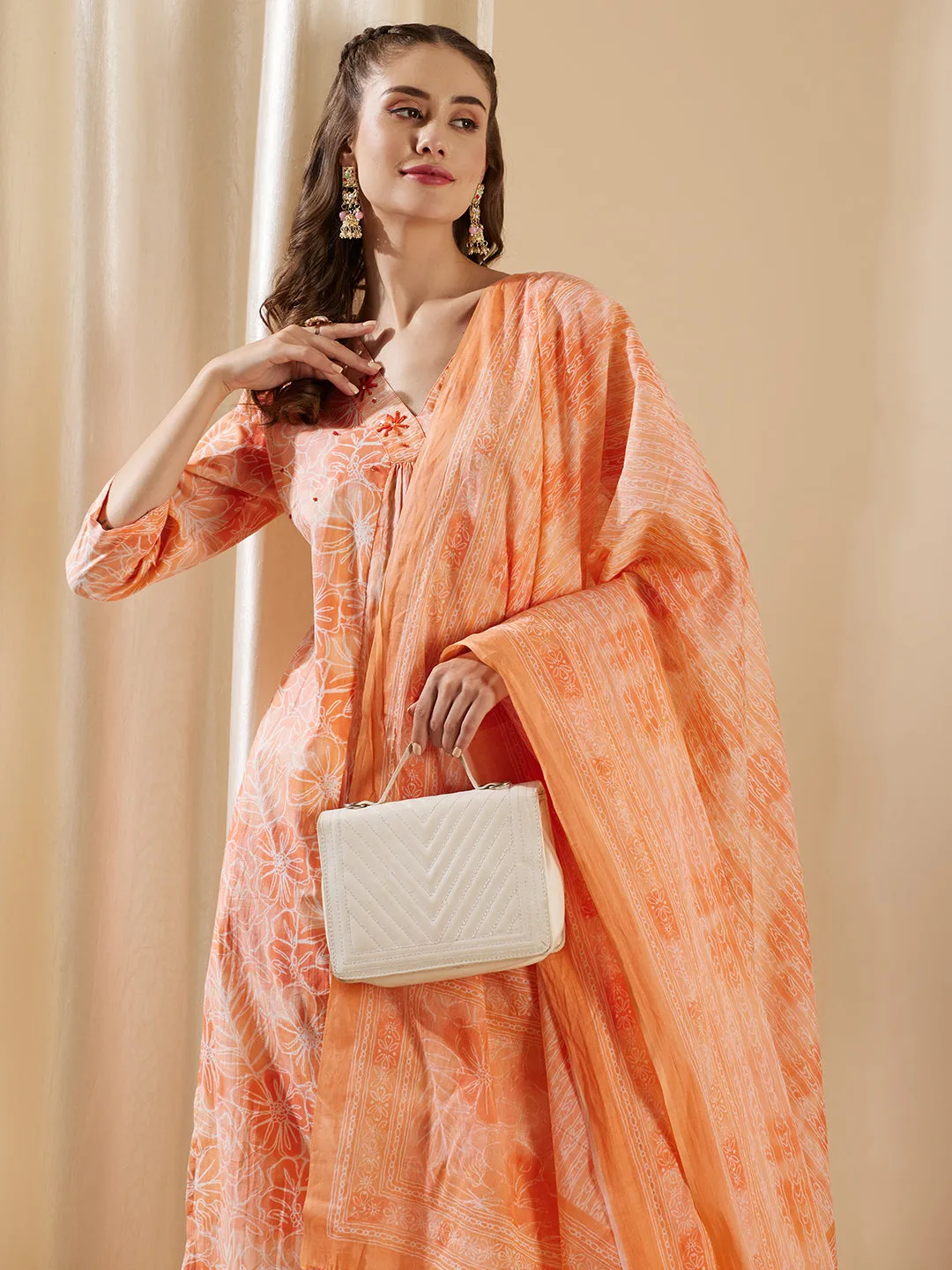 Abstract Floral Printed A-Line Paneled Kurta with Pant & Dupatta - Peach