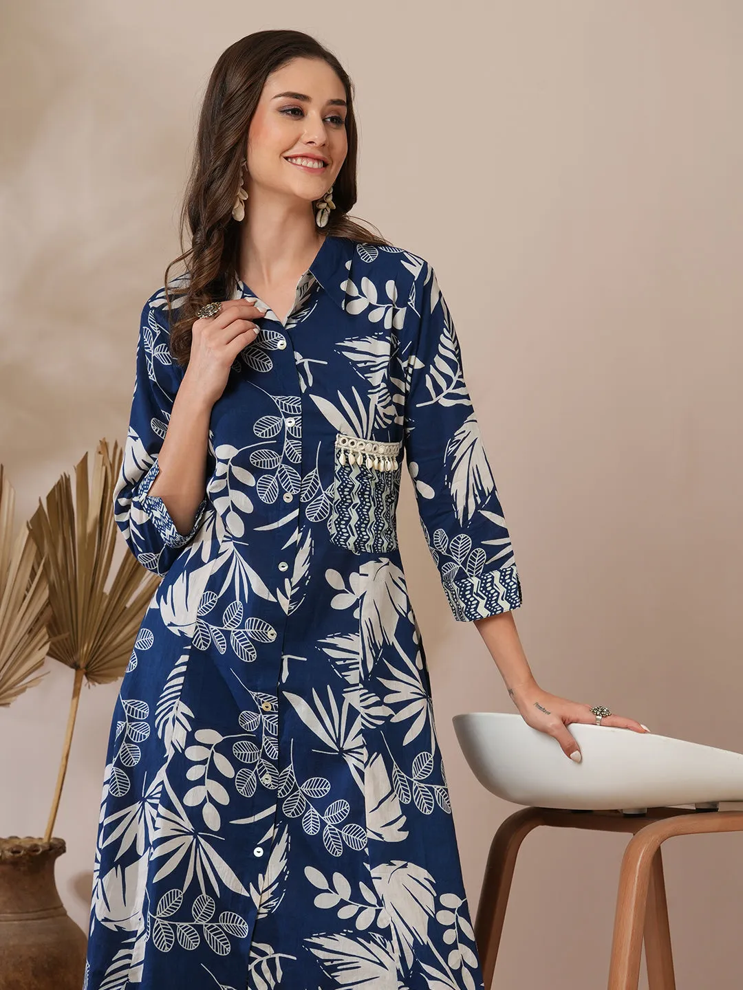 Abstract Floral Printed A-Line Paneled Kurta with Pant - Blue