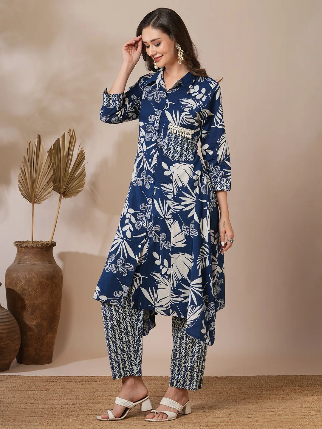 Abstract Floral Printed A-Line Paneled Kurta with Pant - Blue