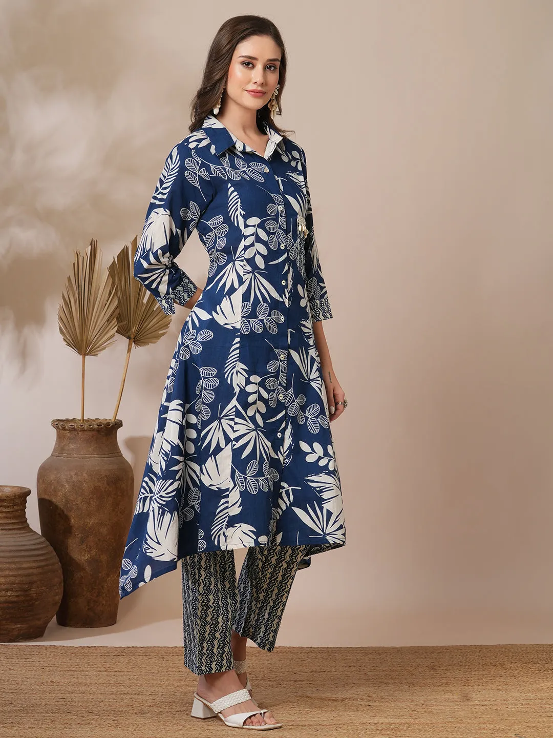 Abstract Floral Printed A-Line Paneled Kurta with Pant - Blue