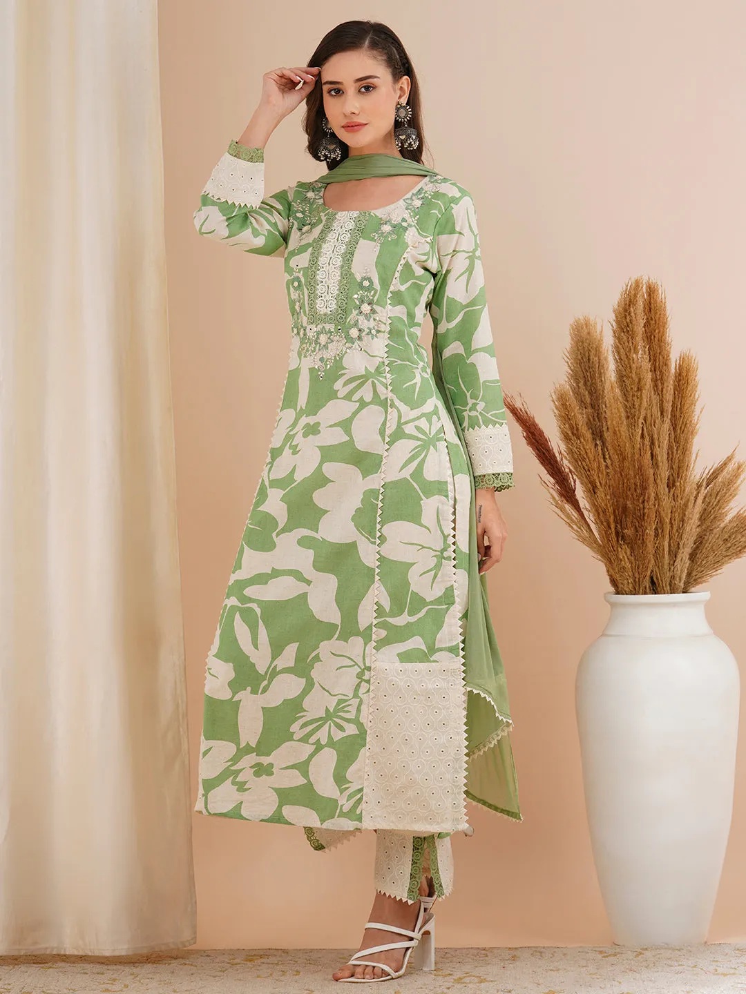 Abstract Floral Printed & Embroidered A-Line Kurta with Pant & Dupatta - Green