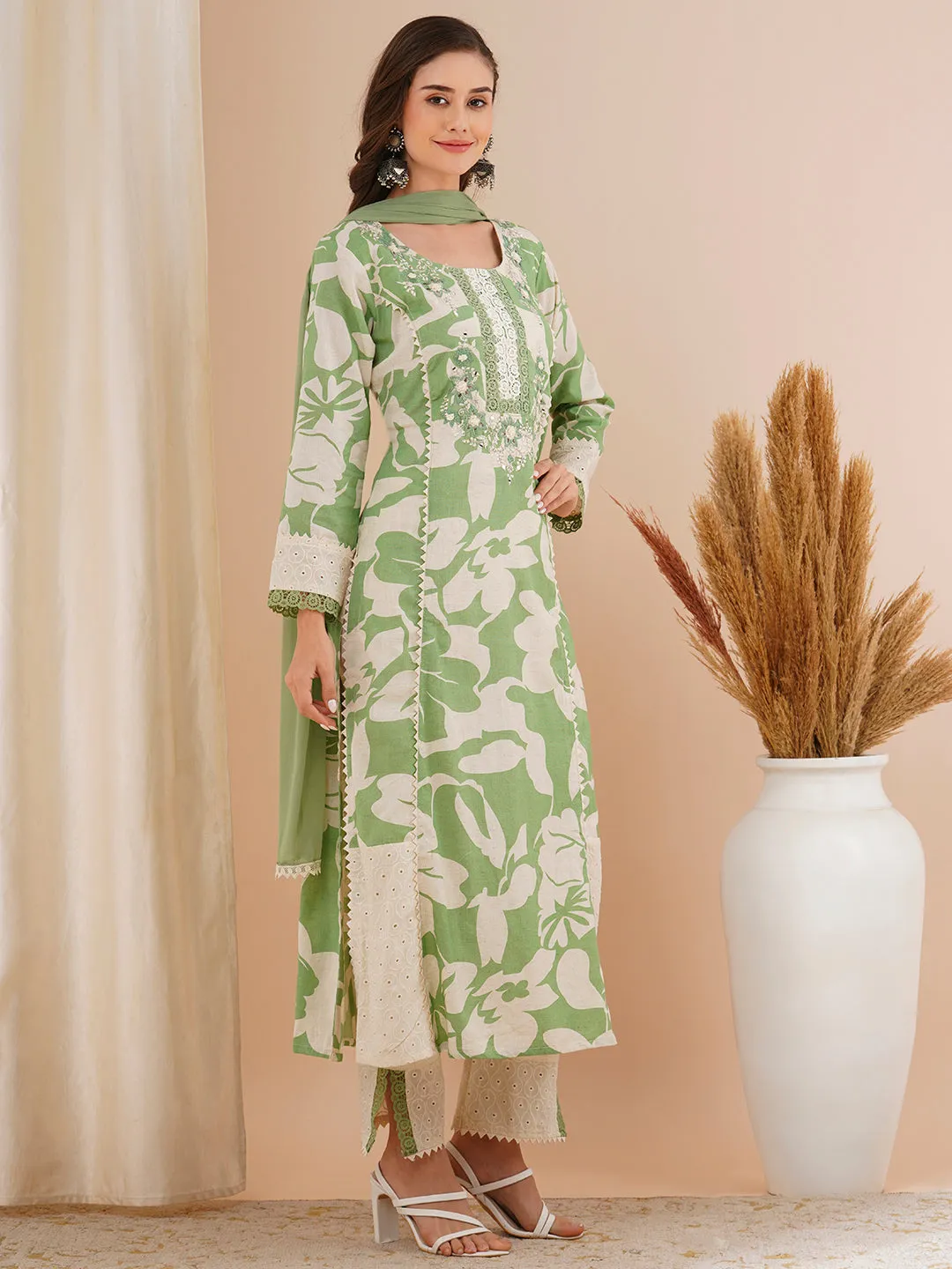 Abstract Floral Printed & Embroidered A-Line Kurta with Pant & Dupatta - Green