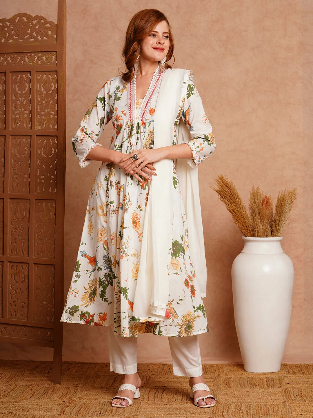 Abstract Floral Printed & Embroidered A-Line Pleated Kurta with Pant and Dupatta - White