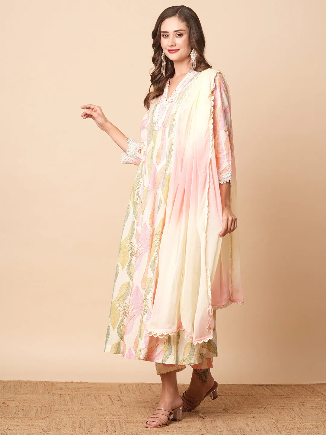 Abstract Floral Printed & Embroidered Anarkali Kurta with Pant & Dupatta - Off White