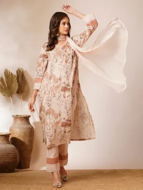 Abstract Floral Printed & Embroidered Straight Fit Kurta with Pant and Dupatta - Nude