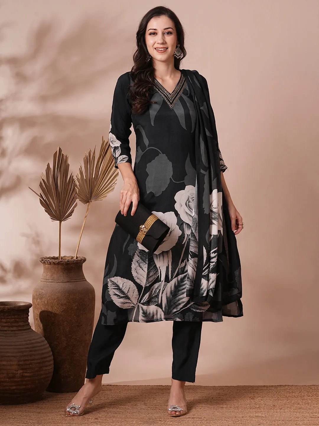 Abstract Floral Printed & Embroidered Straight Kurta with Pant & Dupatta - Black