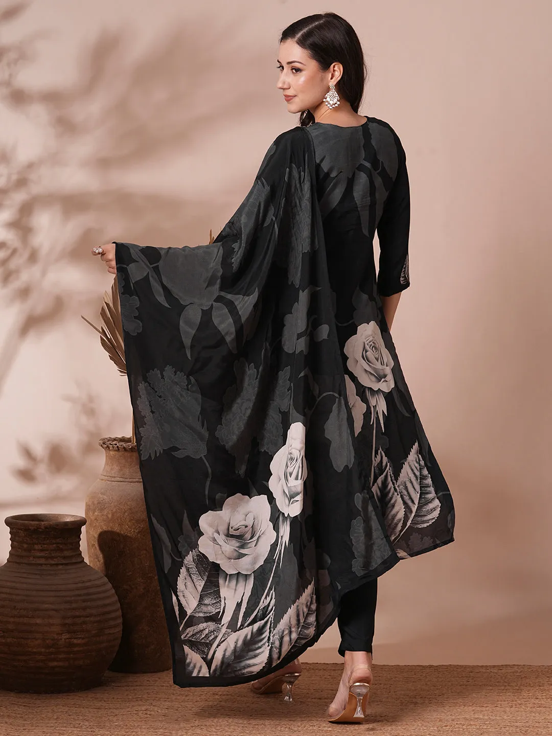 Abstract Floral Printed & Embroidered Straight Kurta with Pant & Dupatta - Black