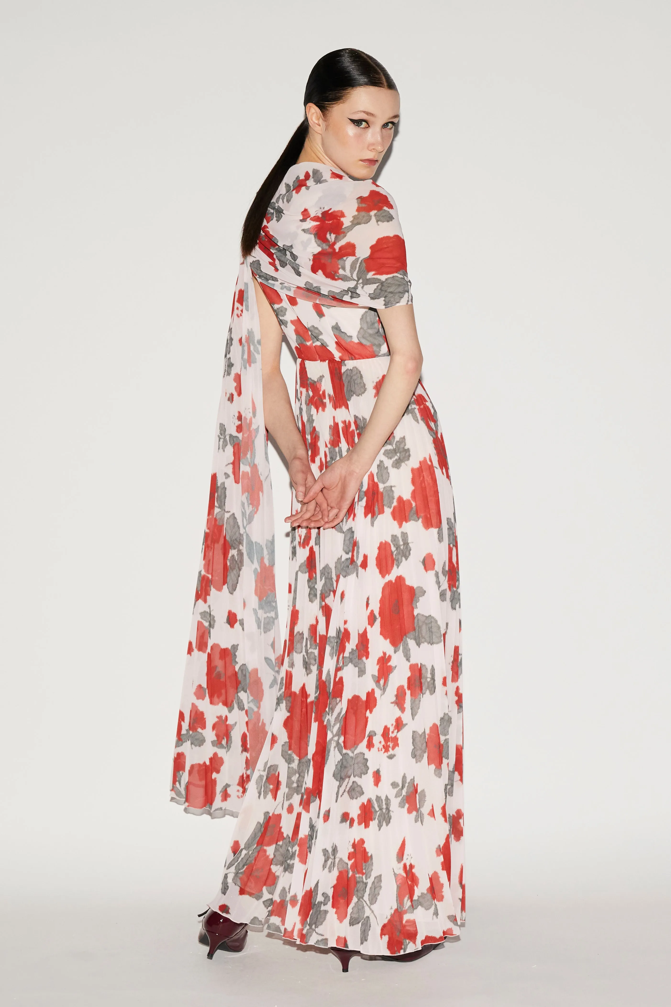 ALARA DRESS RED FLORAL PRINTED CHIFFON