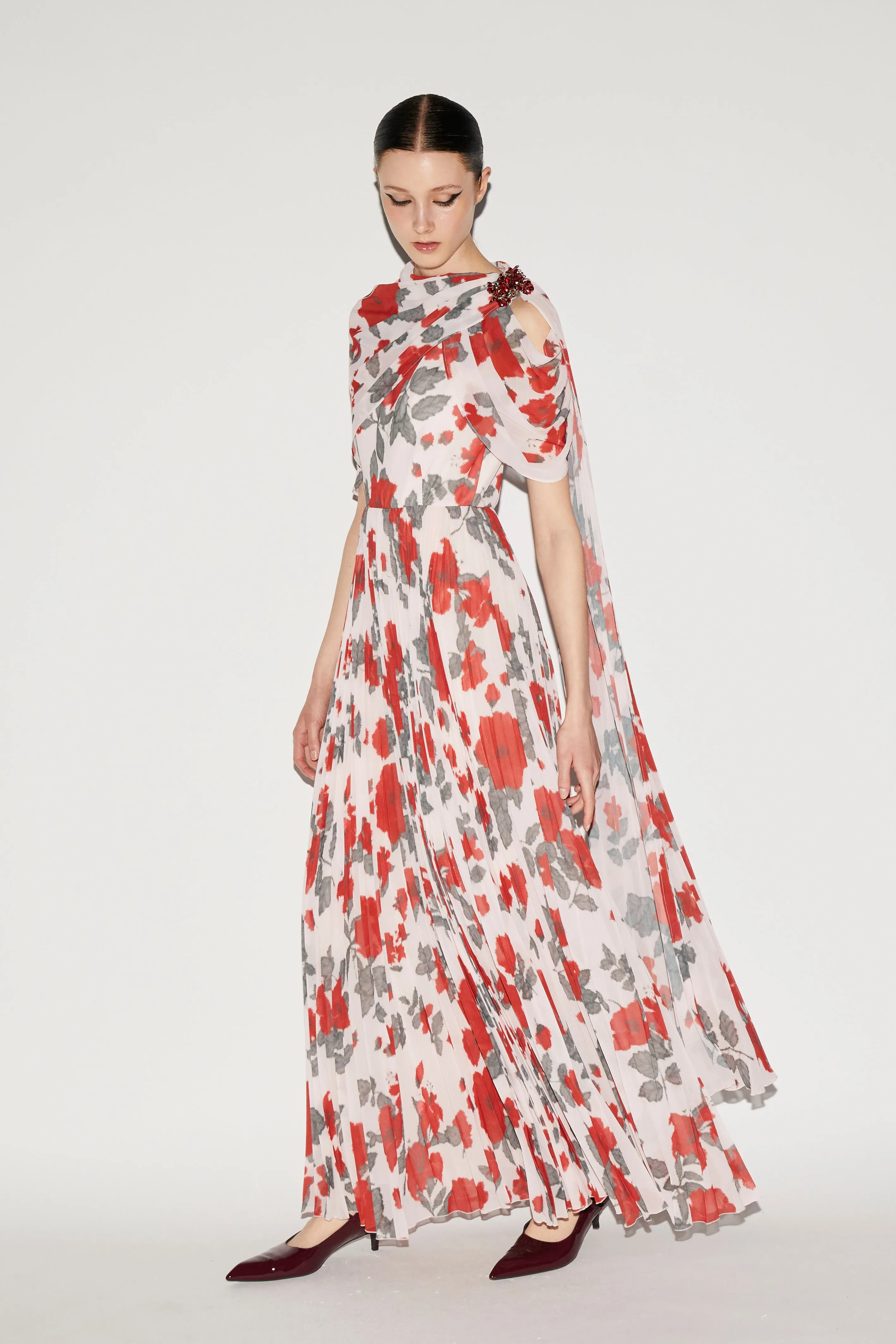 ALARA DRESS RED FLORAL PRINTED CHIFFON