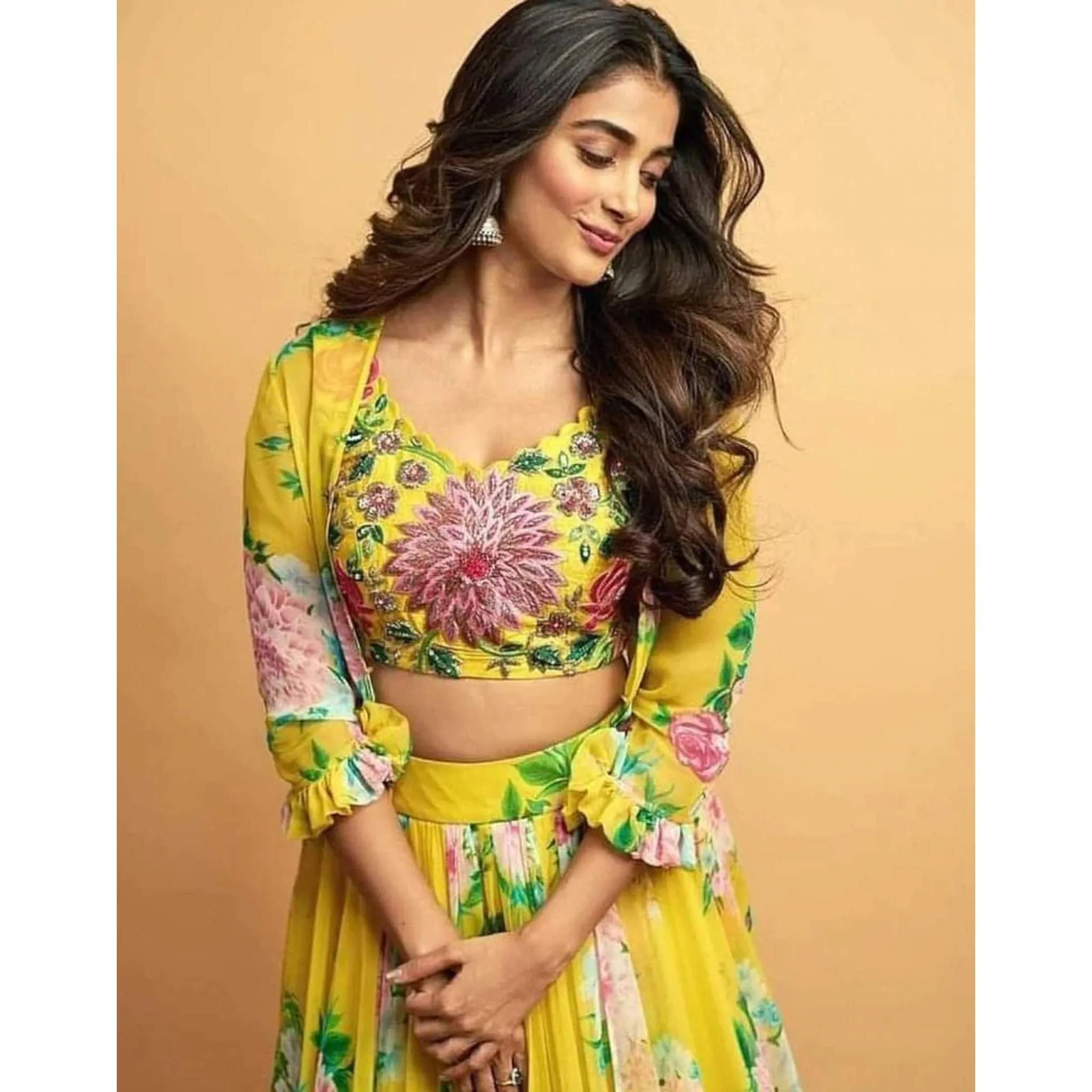 Beautiful Floral Printed Yellow Faux Georgette Jacket Lehenga Choli