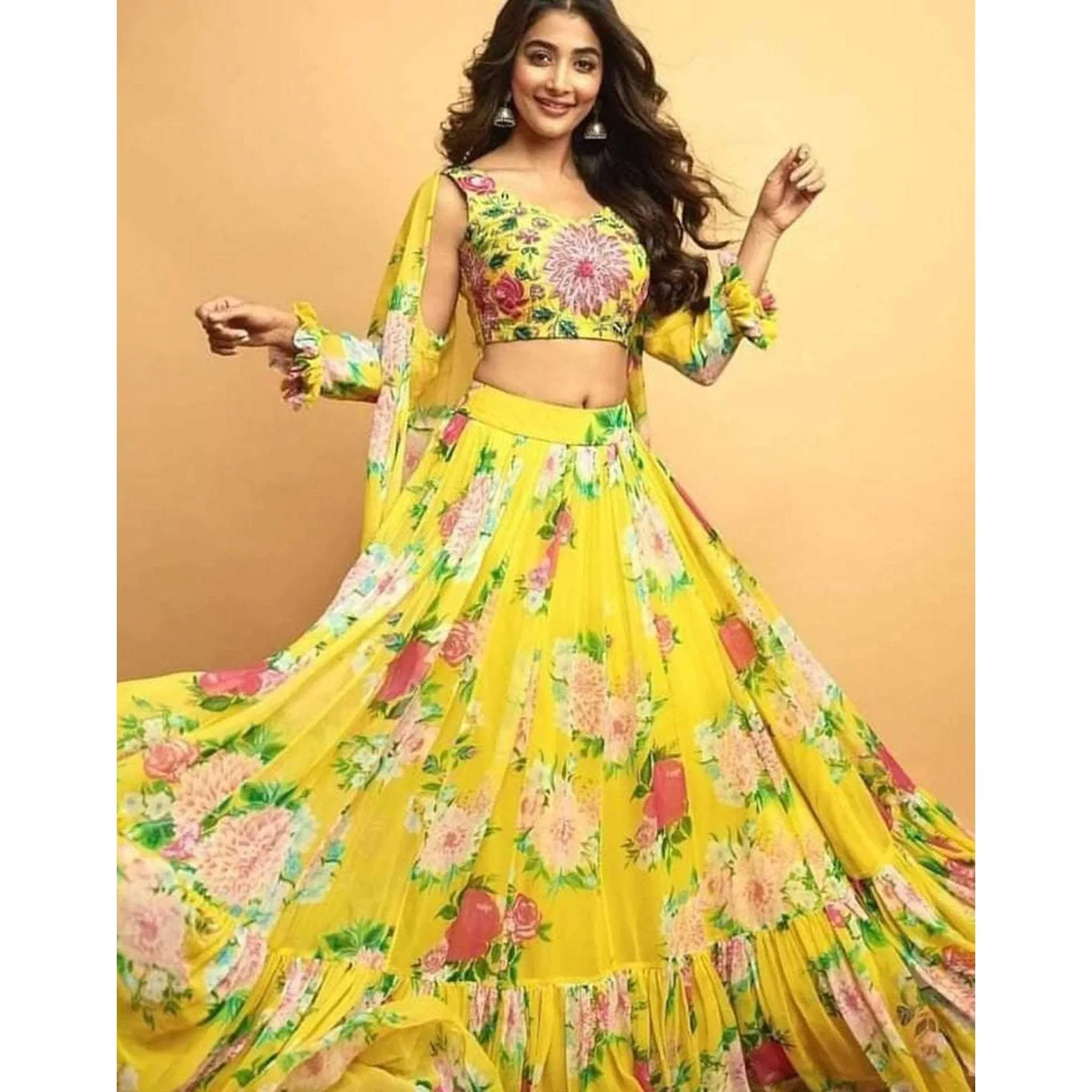 Beautiful Floral Printed Yellow Faux Georgette Jacket Lehenga Choli