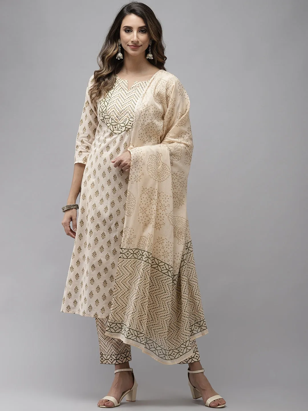 Beige & Green Printed Dupatta Set