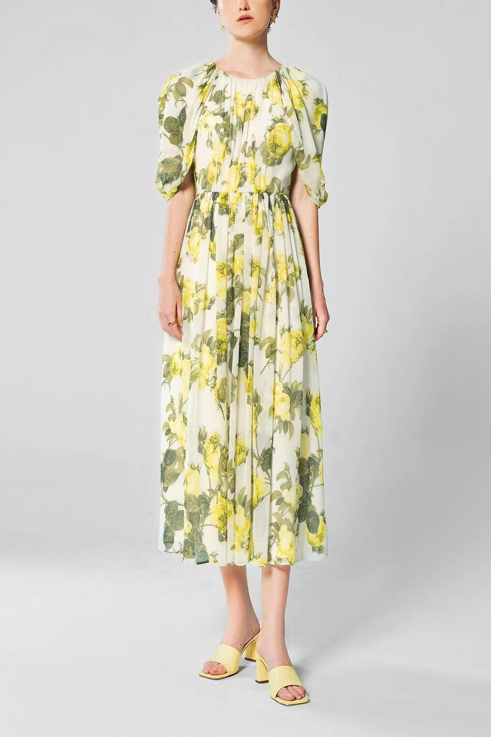 Benzamin Pleated Cape Sleeved Crinkle Chiffon Midi Dress