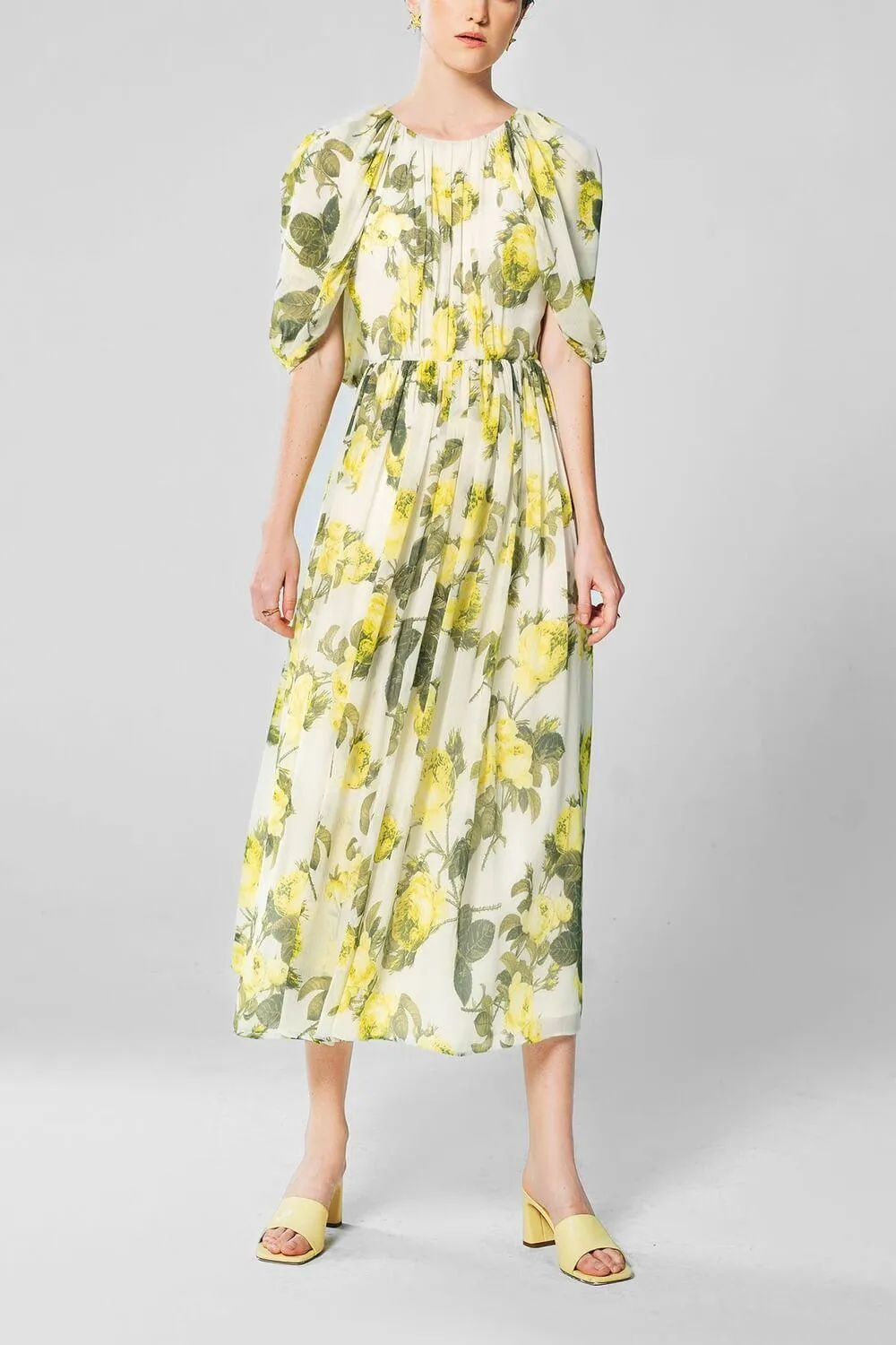 Benzamin Pleated Cape Sleeved Crinkle Chiffon Midi Dress