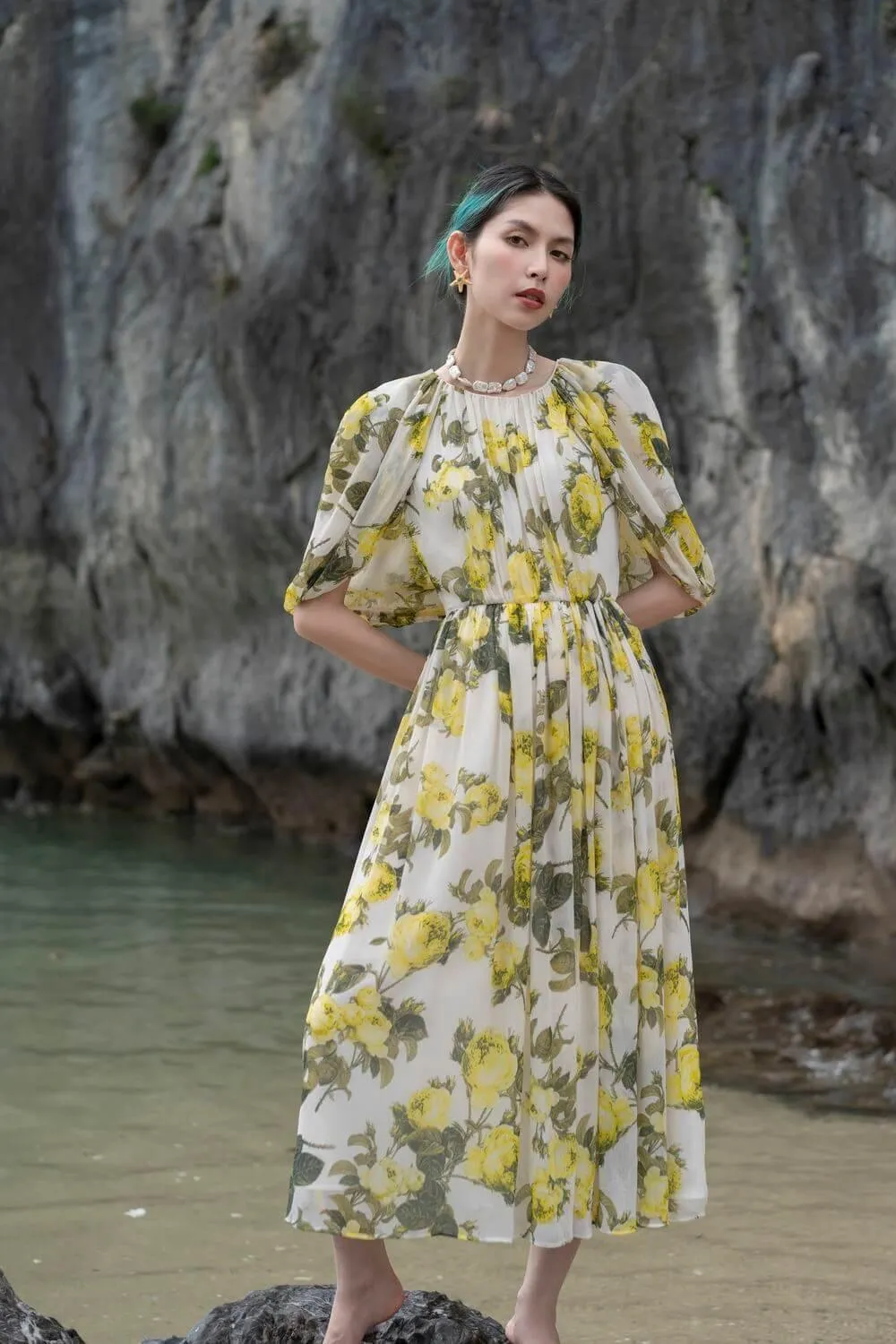 Benzamin Pleated Cape Sleeved Crinkle Chiffon Midi Dress