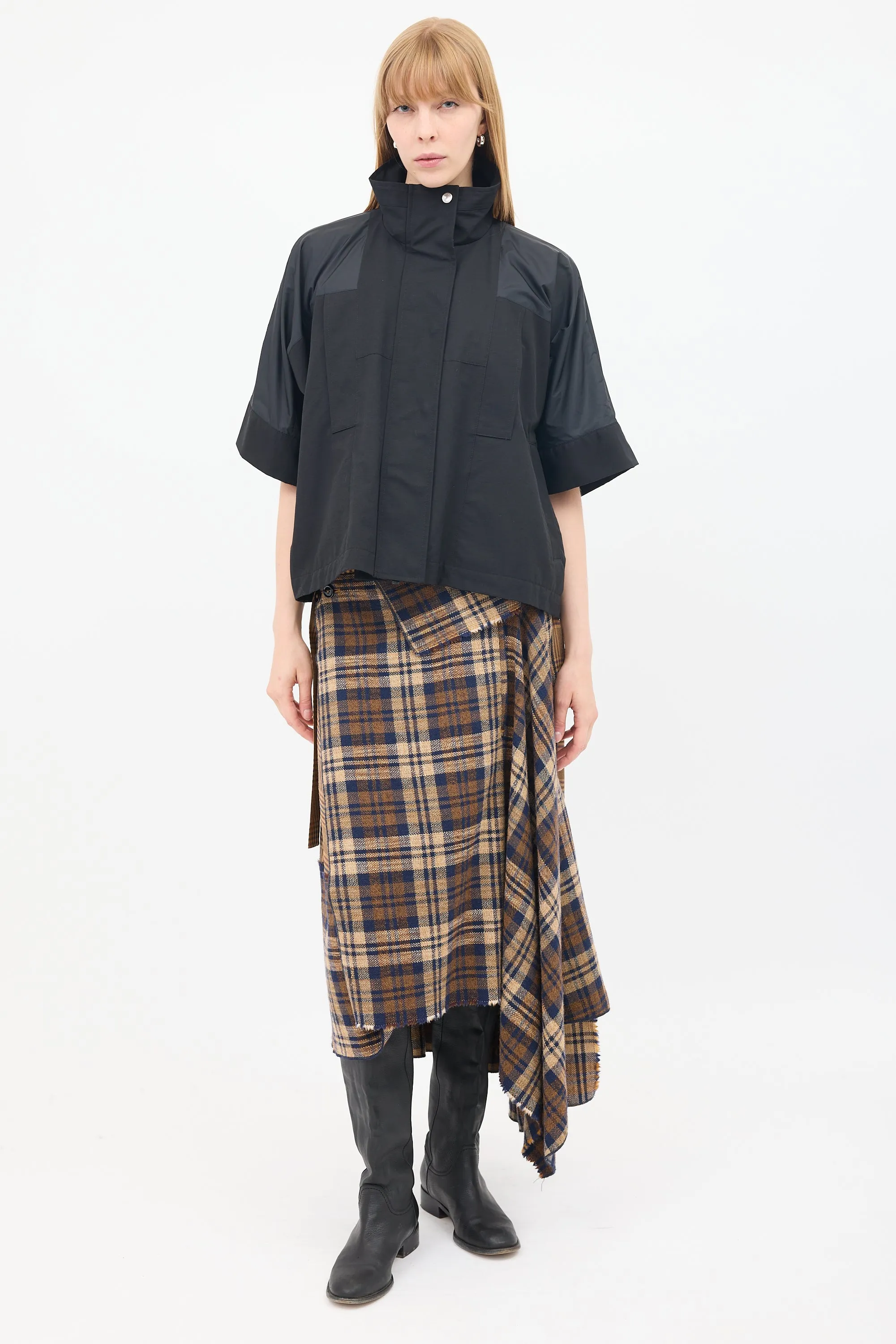 Black Cotton & Nylon Panelled Short Sleeve Cape Jacket