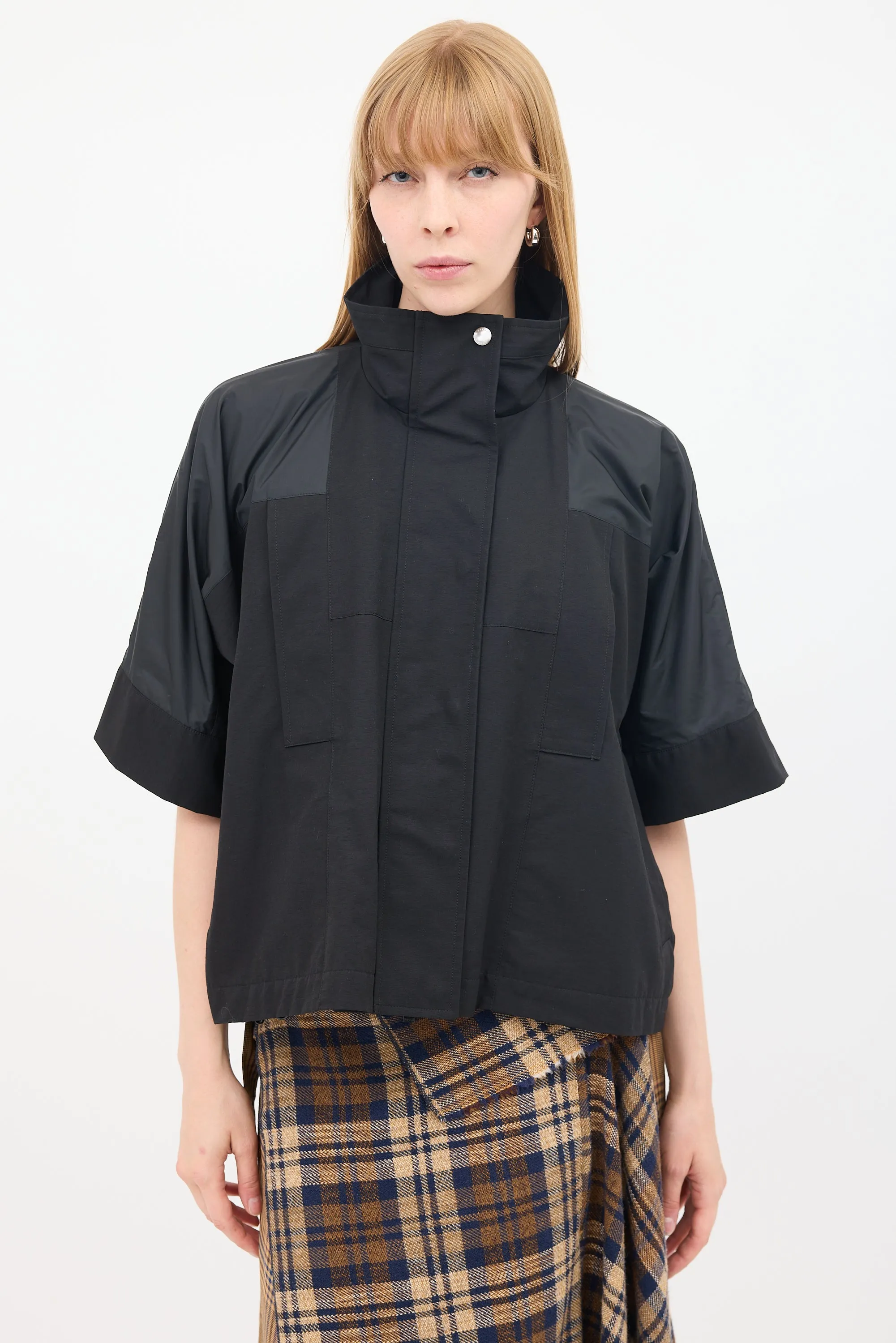 Black Cotton & Nylon Panelled Short Sleeve Cape Jacket