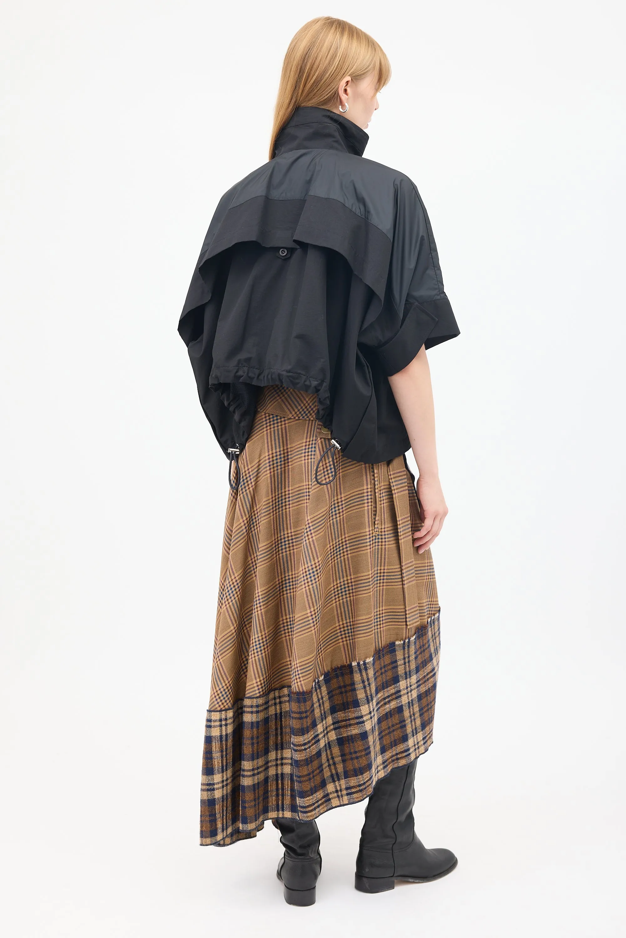 Black Cotton & Nylon Panelled Short Sleeve Cape Jacket