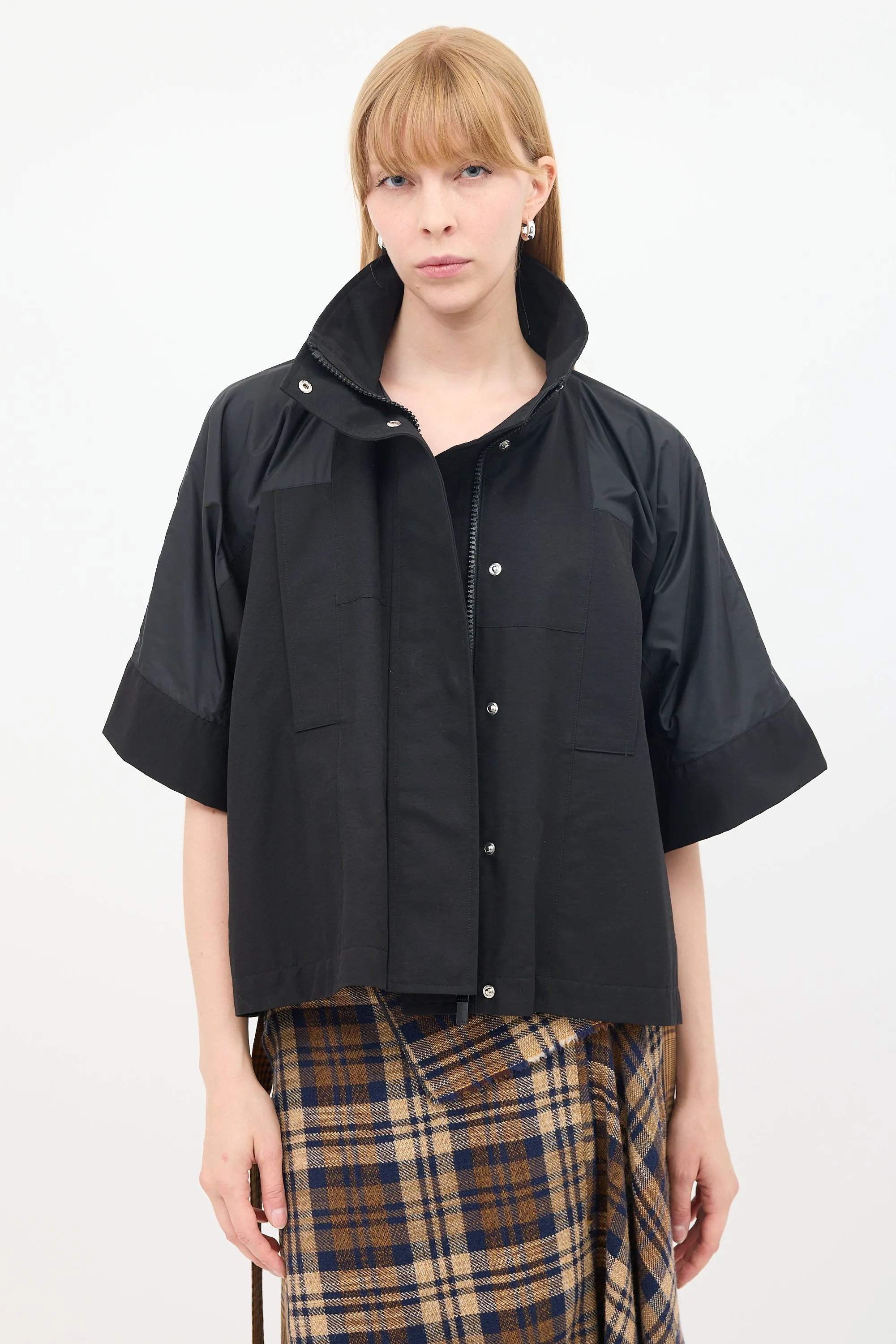 Black Cotton & Nylon Panelled Short Sleeve Cape Jacket