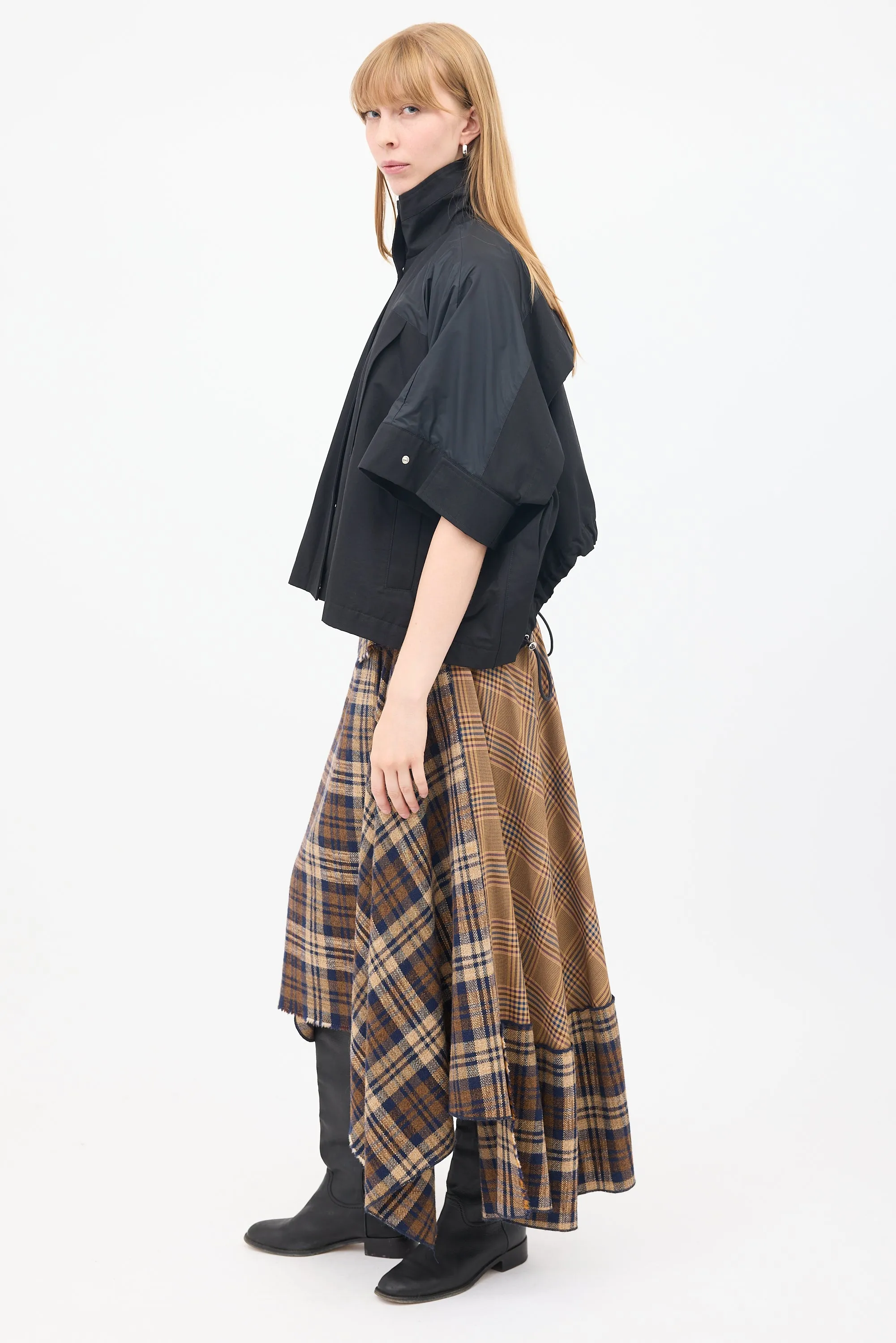 Black Cotton & Nylon Panelled Short Sleeve Cape Jacket