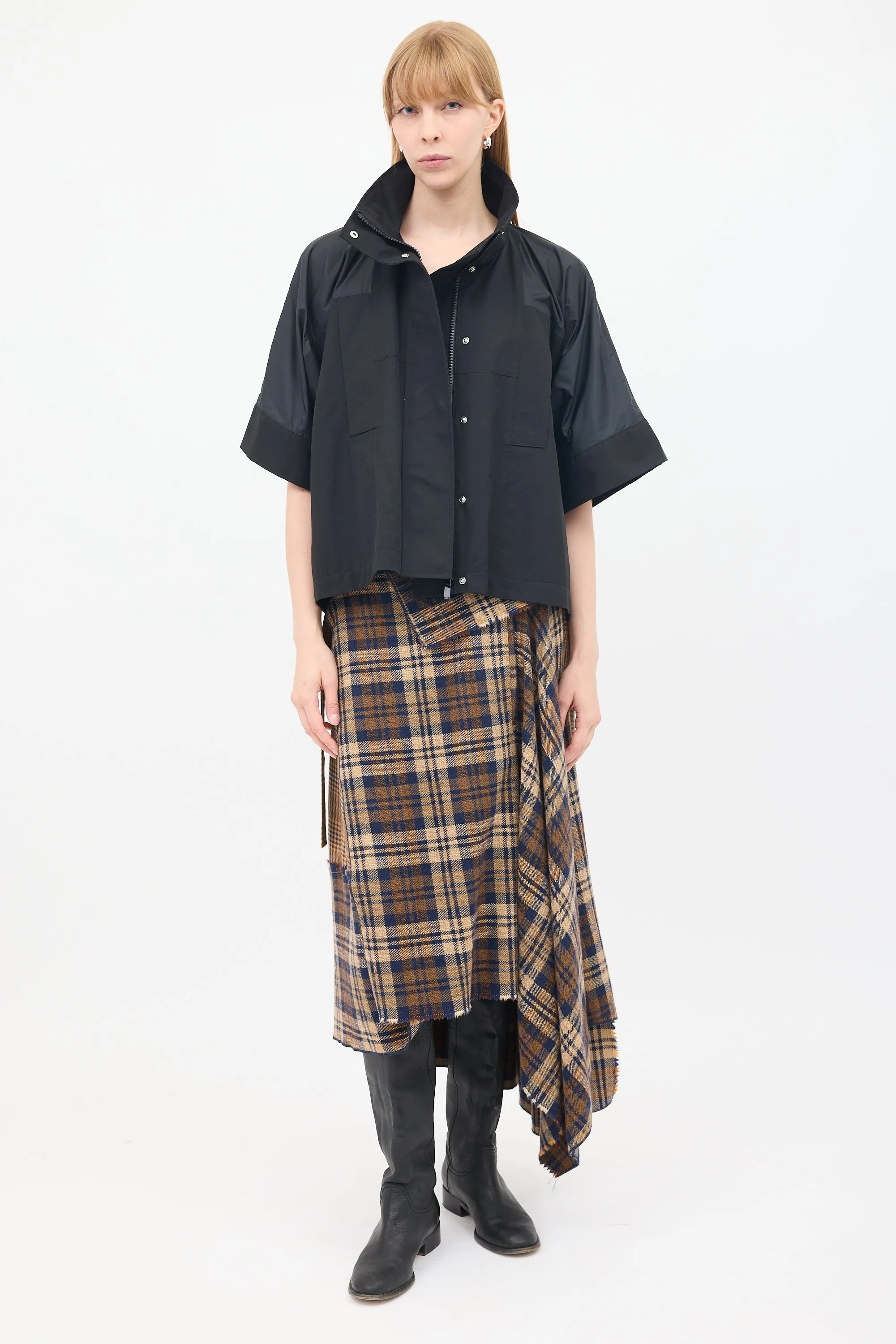 Black Cotton & Nylon Panelled Short Sleeve Cape Jacket