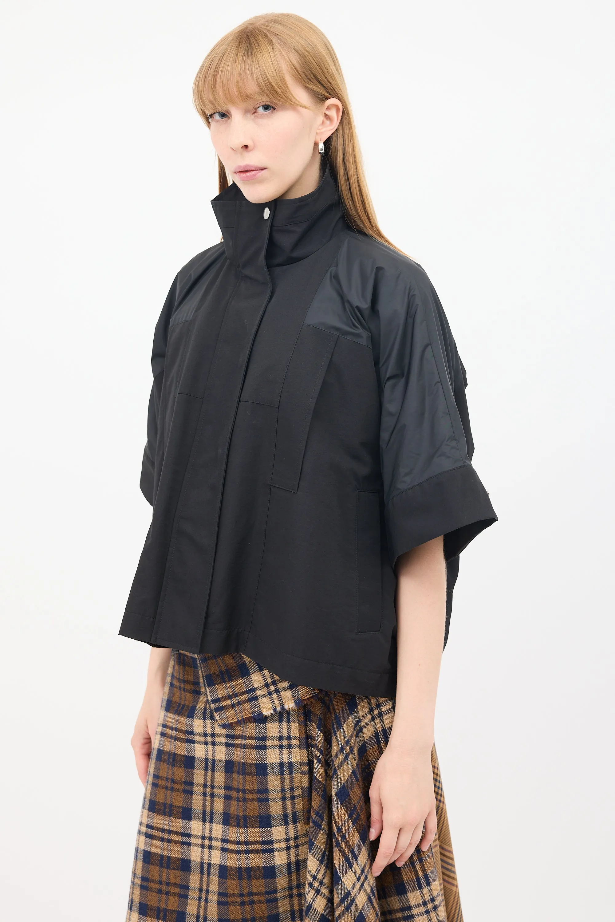 Black Cotton & Nylon Panelled Short Sleeve Cape Jacket