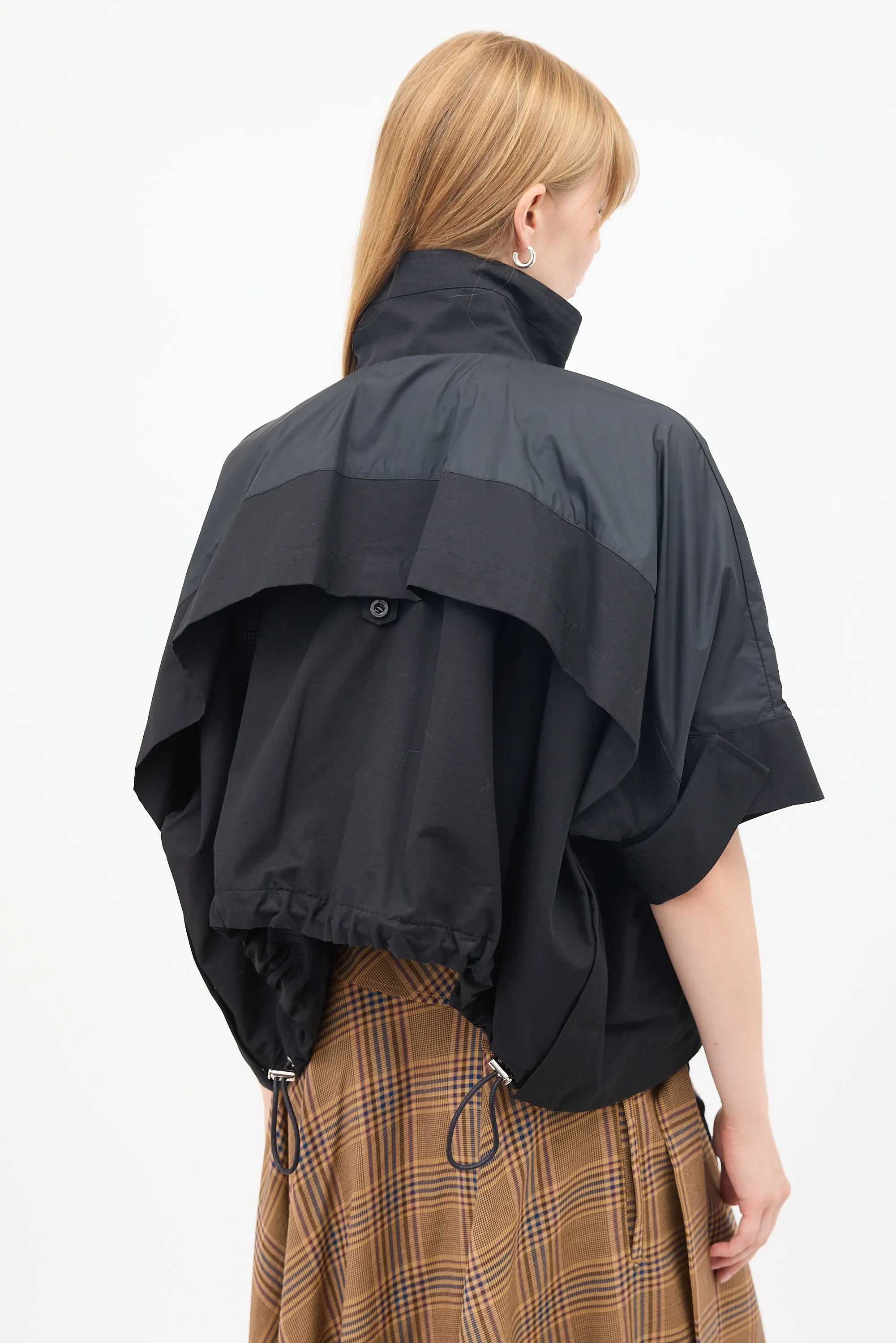 Black Cotton & Nylon Panelled Short Sleeve Cape Jacket