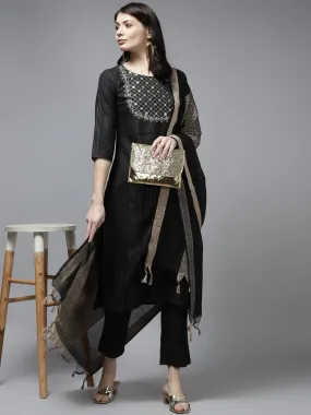 Black Cotton Embroidered Dupatta Set