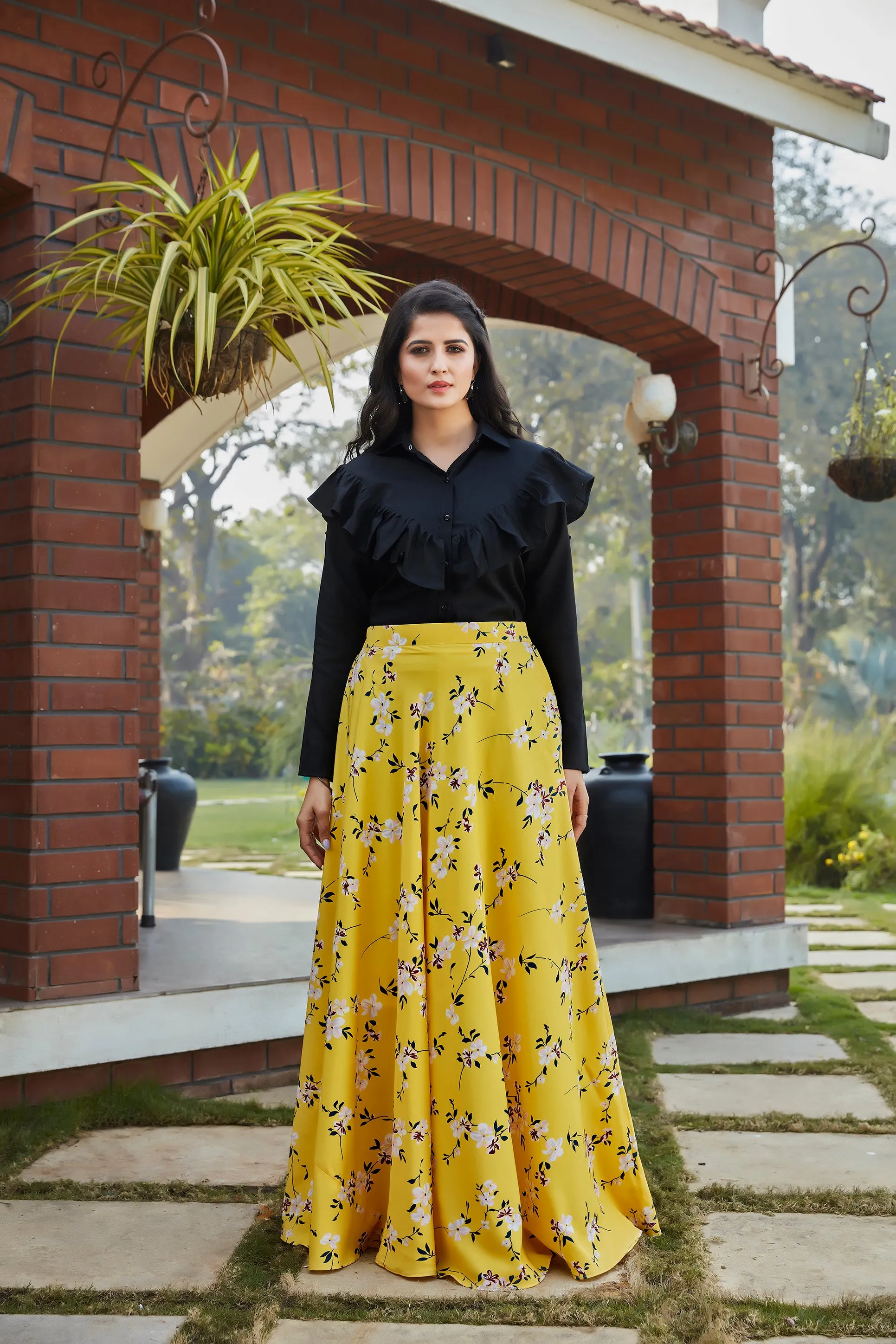 Black Cotton Fancy Shirt Style Top With Floral Printed Skirt