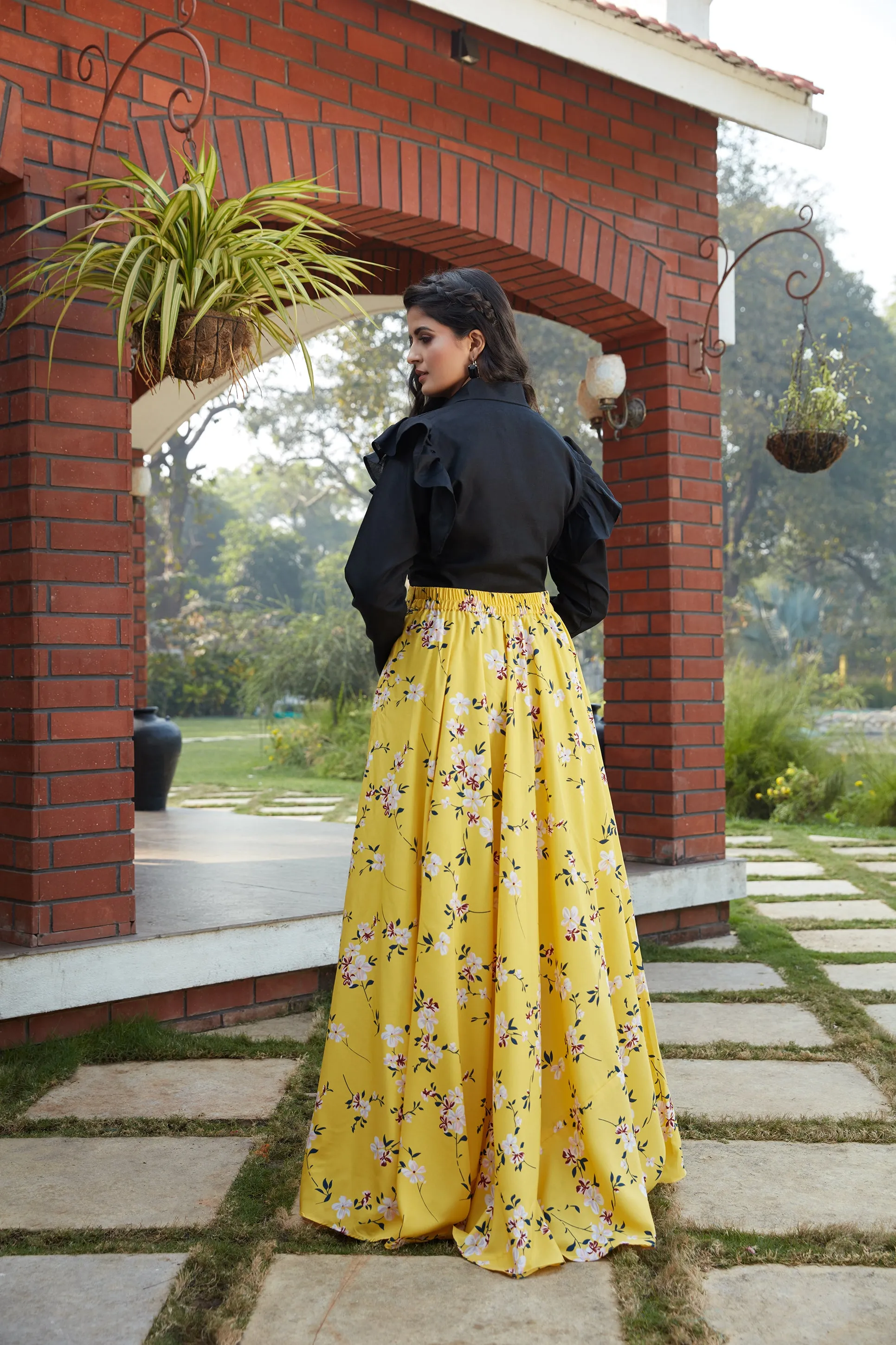 Black Cotton Fancy Shirt Style Top With Floral Printed Skirt