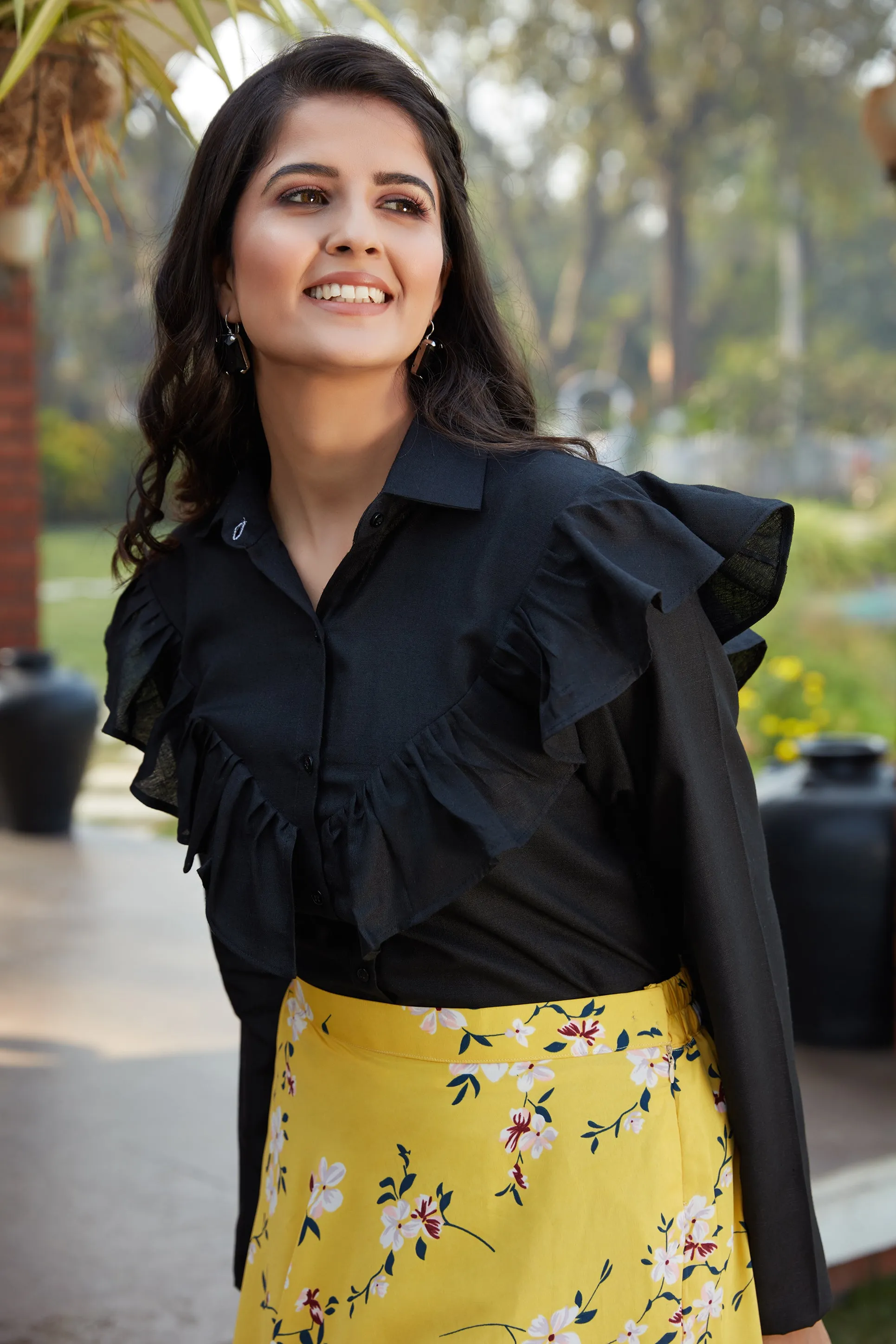 Black Cotton Fancy Shirt Style Top With Floral Printed Skirt