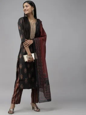 Black Ethnic Yoke Design Dupatta Set