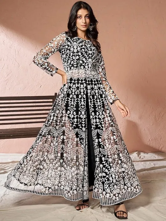 Black Floral Embroidered Net Keyhole Neck High Slit A-Line Kurta & Trousers