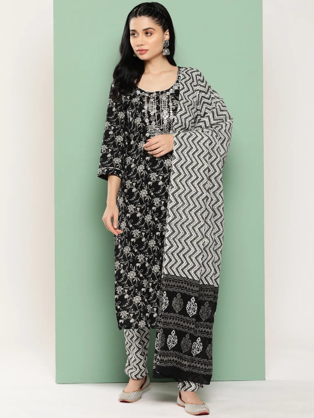 Black Floral Embroidered Regular Mirror Work Pure Cotton Kurta Set