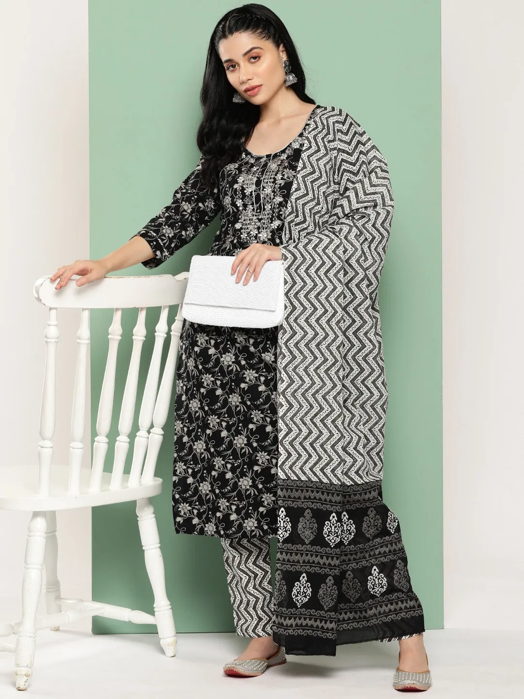 Black Floral Embroidered Regular Mirror Work Pure Cotton Kurta Set