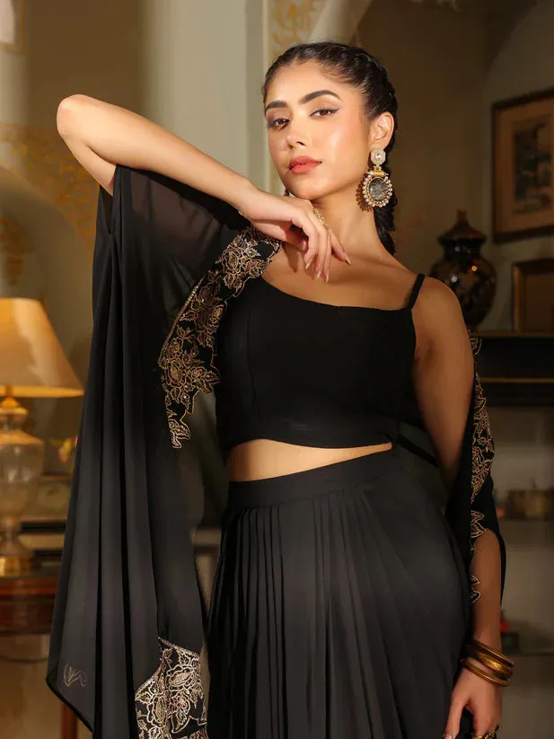 Black Georgette Zari Embroidered Top & Skirt with Cape Set