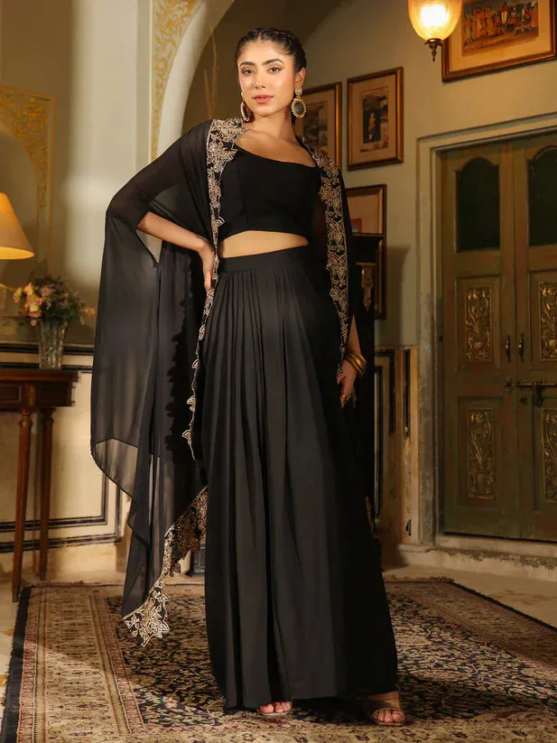 Black Georgette Zari Embroidered Top & Skirt with Cape Set