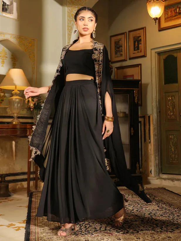 Black Georgette Zari Embroidered Top & Skirt with Cape Set