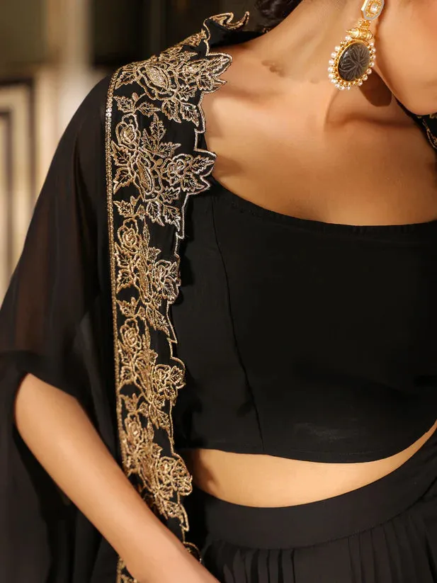 Black Georgette Zari Embroidered Top & Skirt with Cape Set