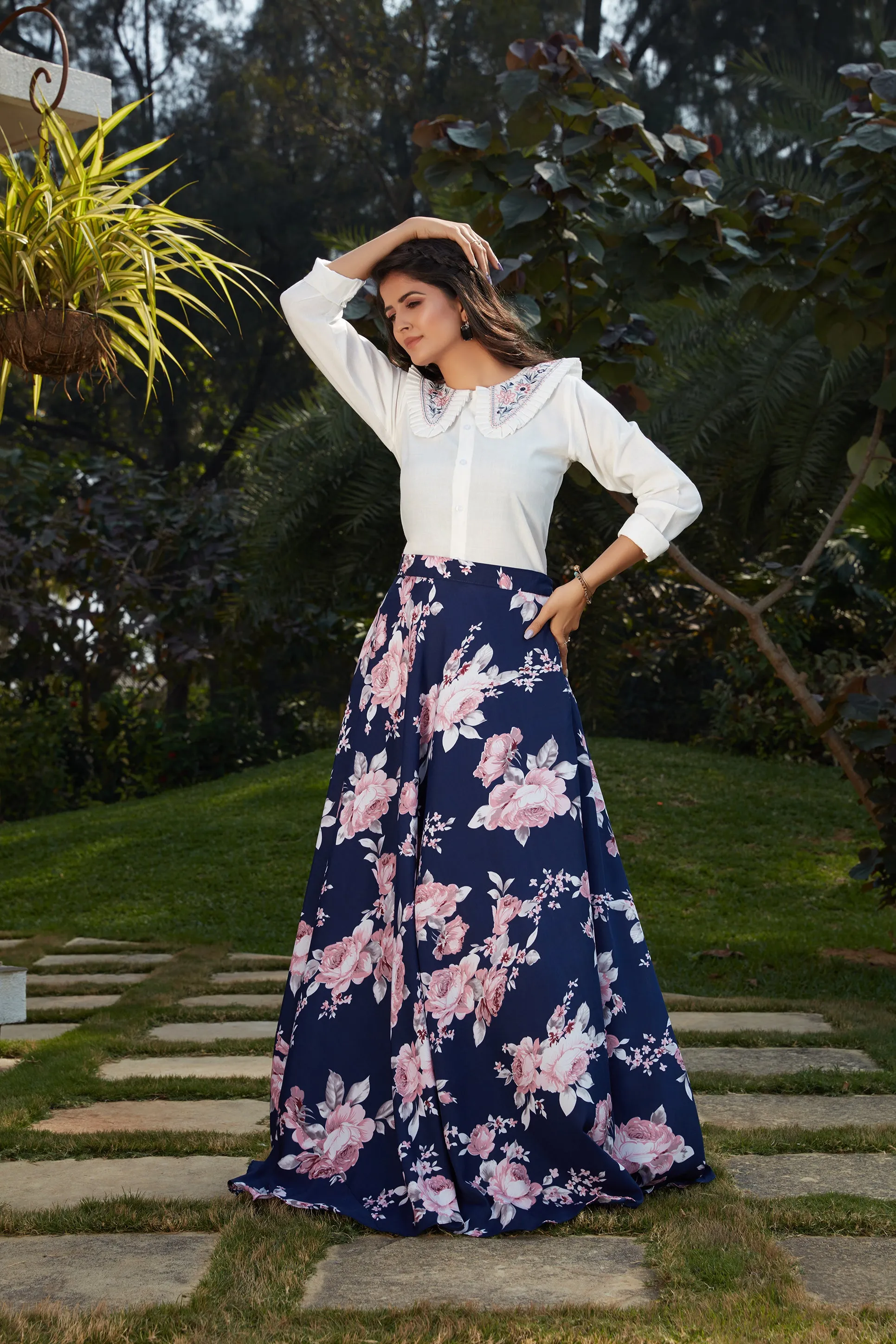 Blue Floral Crepe Indo Western Ready To Wear Skirt With Crop Top