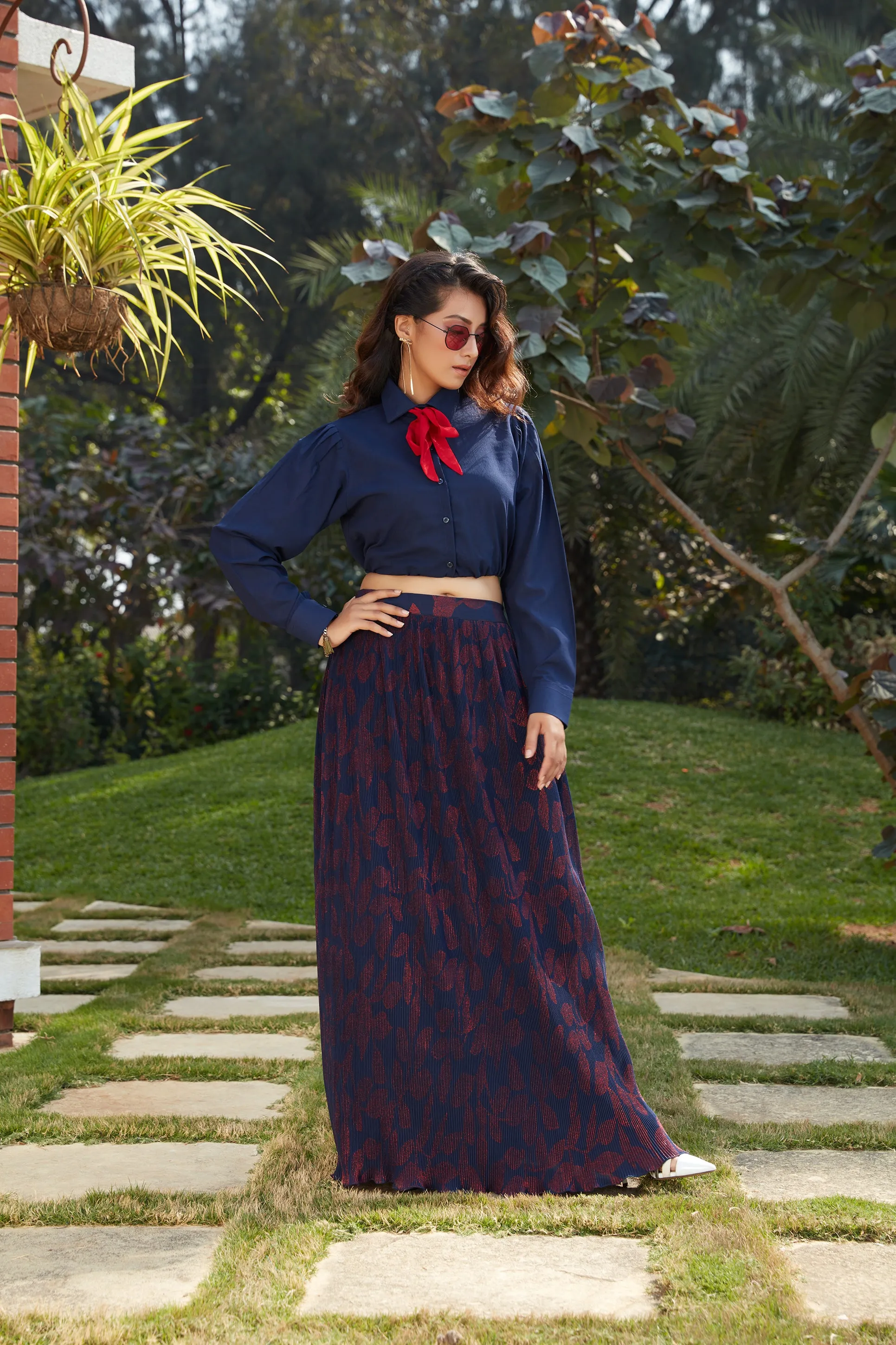 Blue Georgette Fancy Shirt Style Crop Top With Printed Skirt