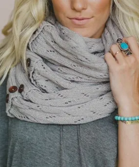 Boho Buttons Infinity Scarf Gray Chunky Soft Multiple Wood Button Winter Eternity Scarves